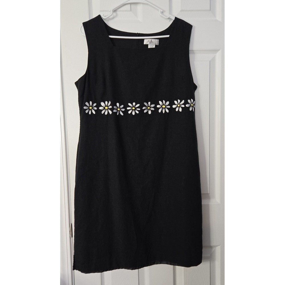 AGB Womans Dress Size 12 Sleeveless Linen Blend Black with Embroidery Designs.